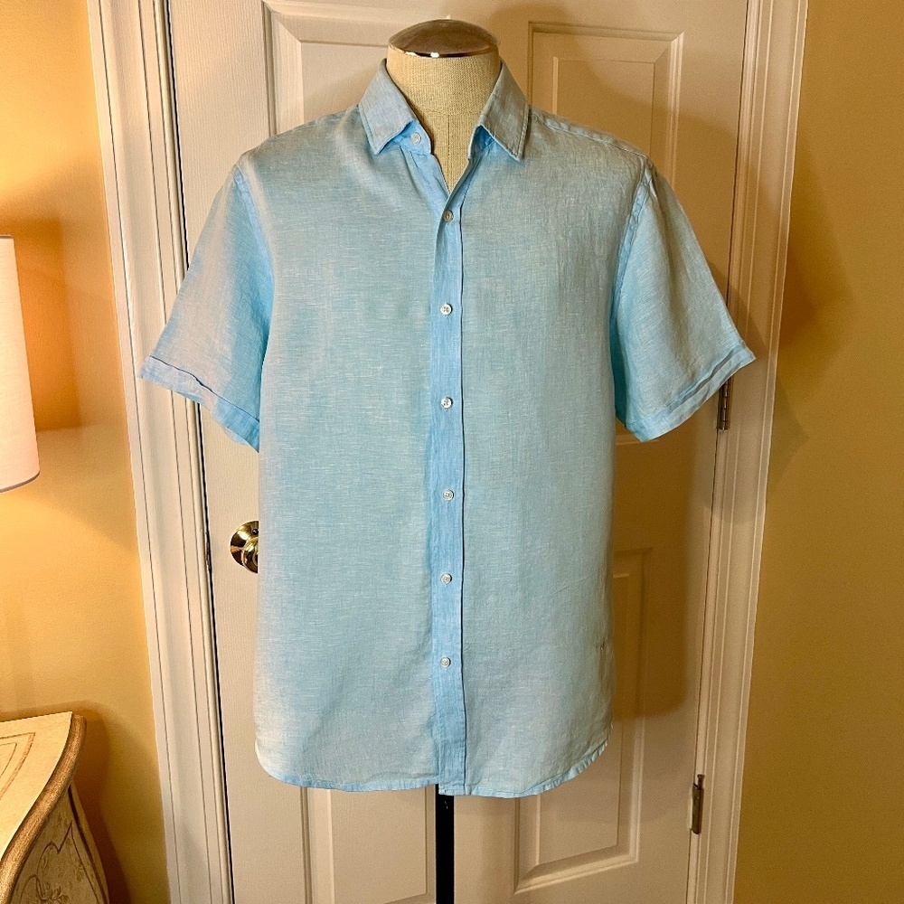EUC Men's Porter & Ash Ocean Blue Short Sleeve Linen Button Front Shirt Size XL
